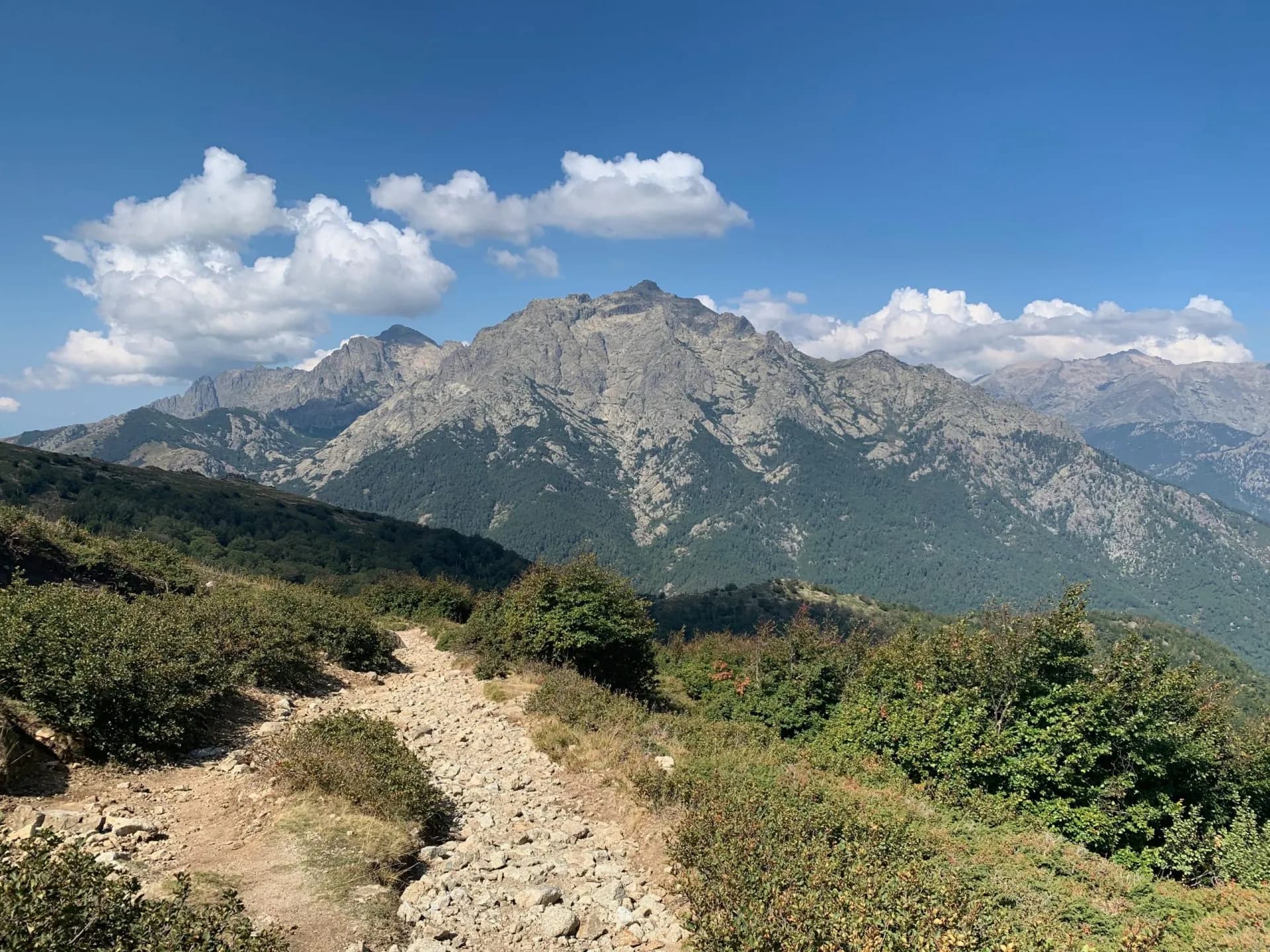 Rocky hiking trail ascending through scrubland toward rugged, forested mountains under a blue sky.