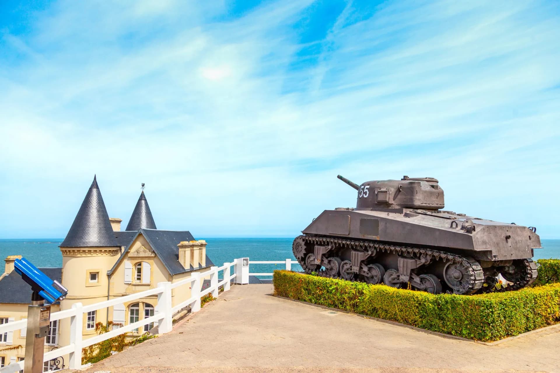 World War II era military posts on the coast of Arromanches Normandy tank