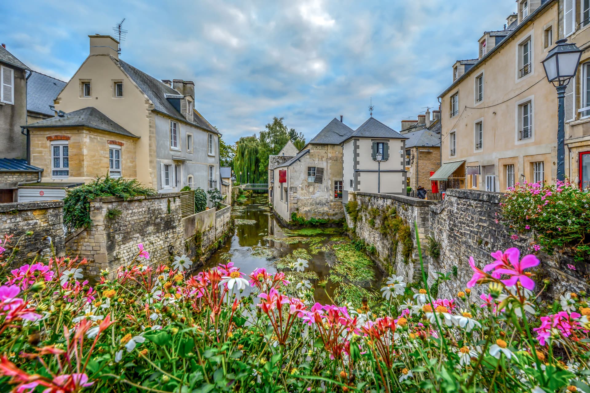 Colorful flowers in foreground overlooking stone canal with historic buildings under cloudy sky.