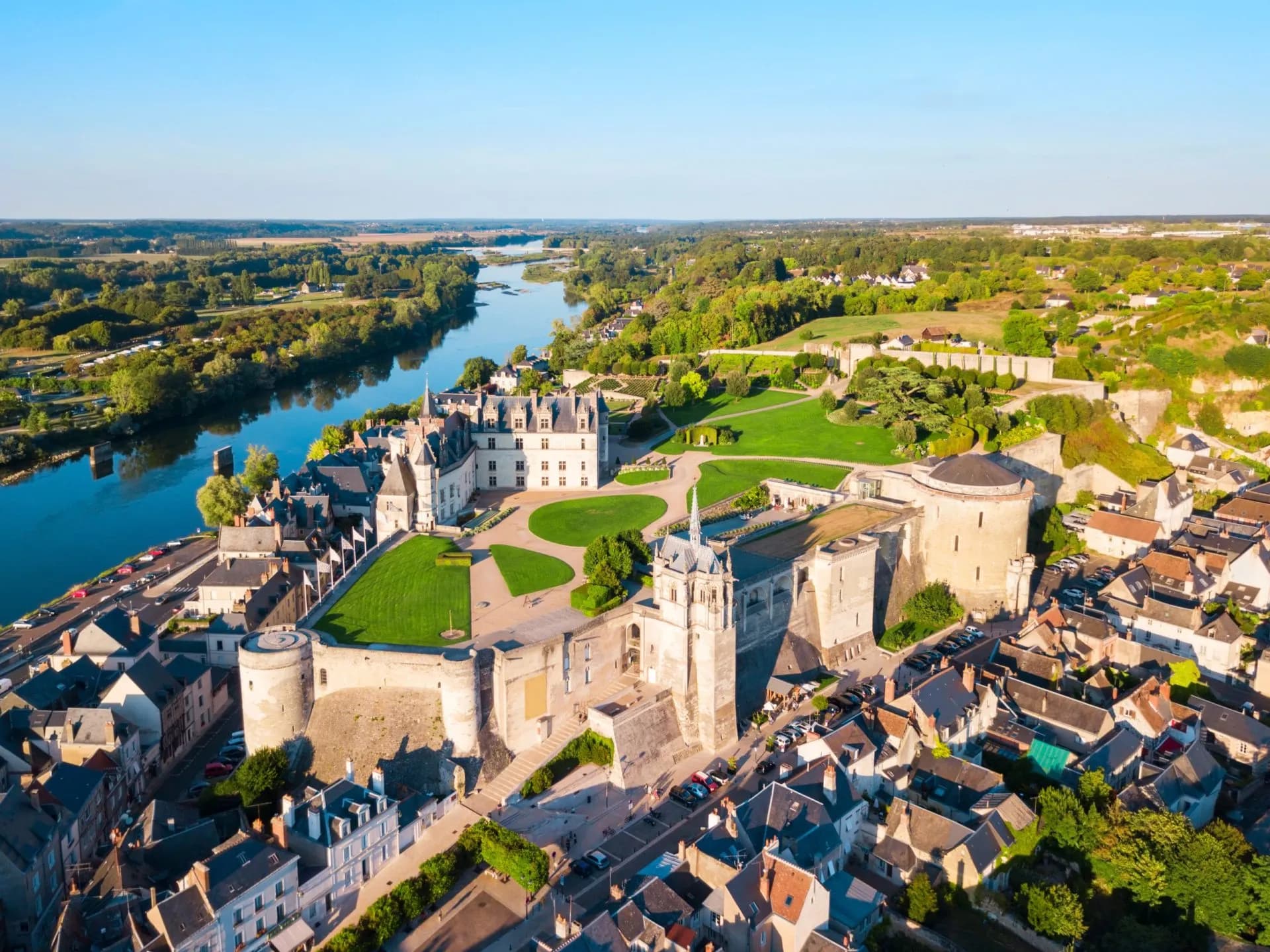 Chateau d'Amboise overlooking the Loire River and surrounding town in France.