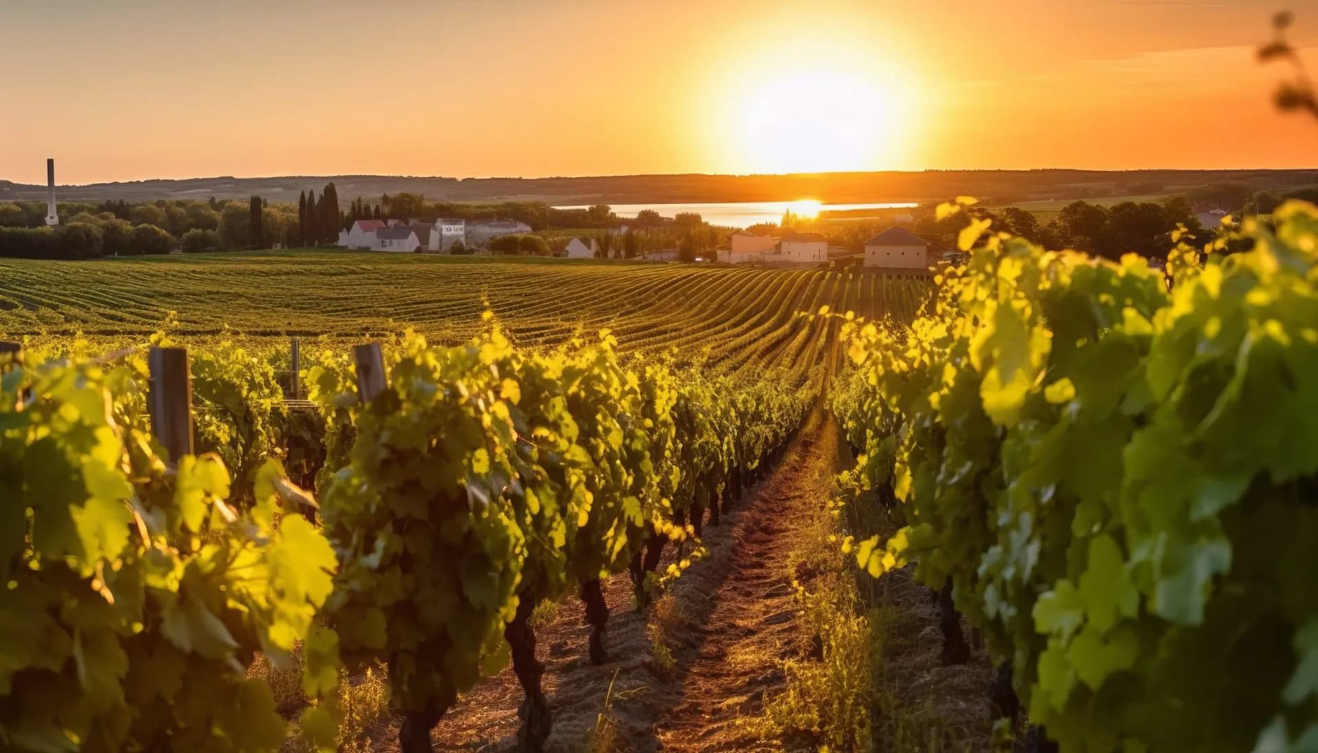 Vineyard rows with bright green leaves at sunset near a body of water, Chinon.