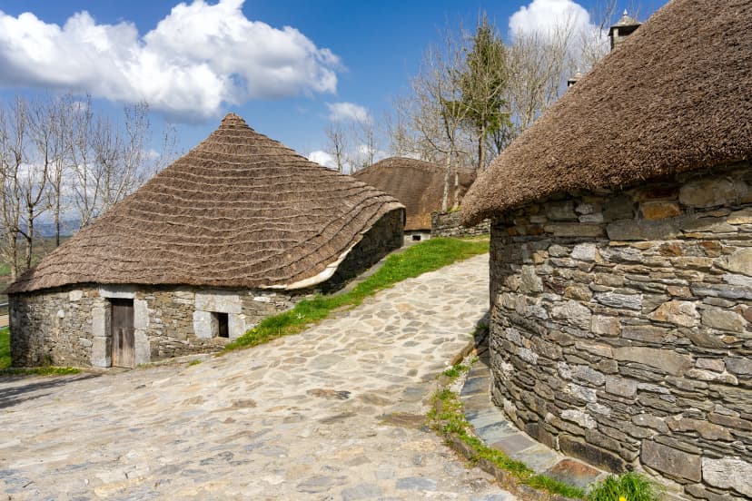 Traditional houses called pallozas with their thatched roofs in the beautiful village of O Cebreiro, which is a crossing point on the way of Santiago, Lugo.Spain