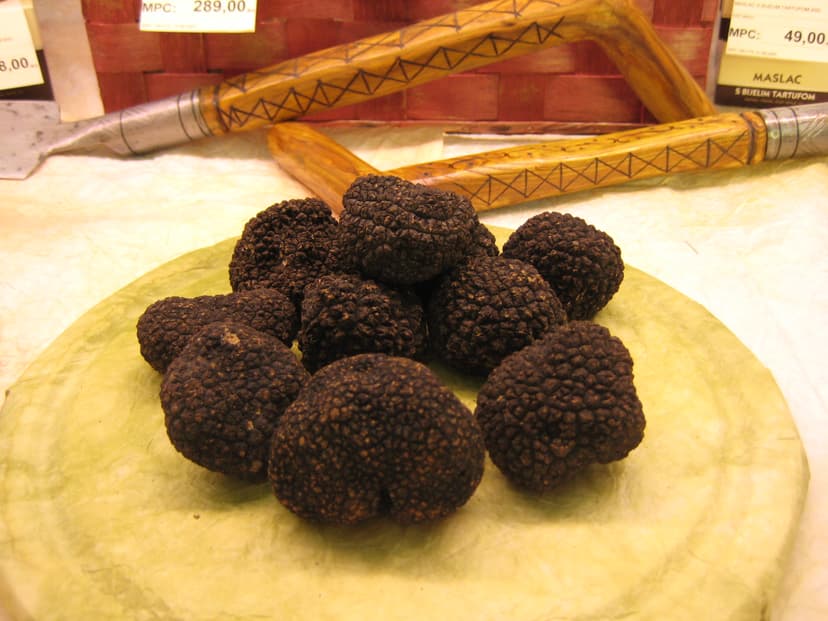 Black truffles displayed on a plate with truffle tools in the background