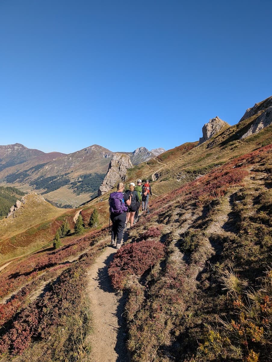 Hikers walking on a mountain trail through alpine landscape with autumn foliage under a clear blue sky